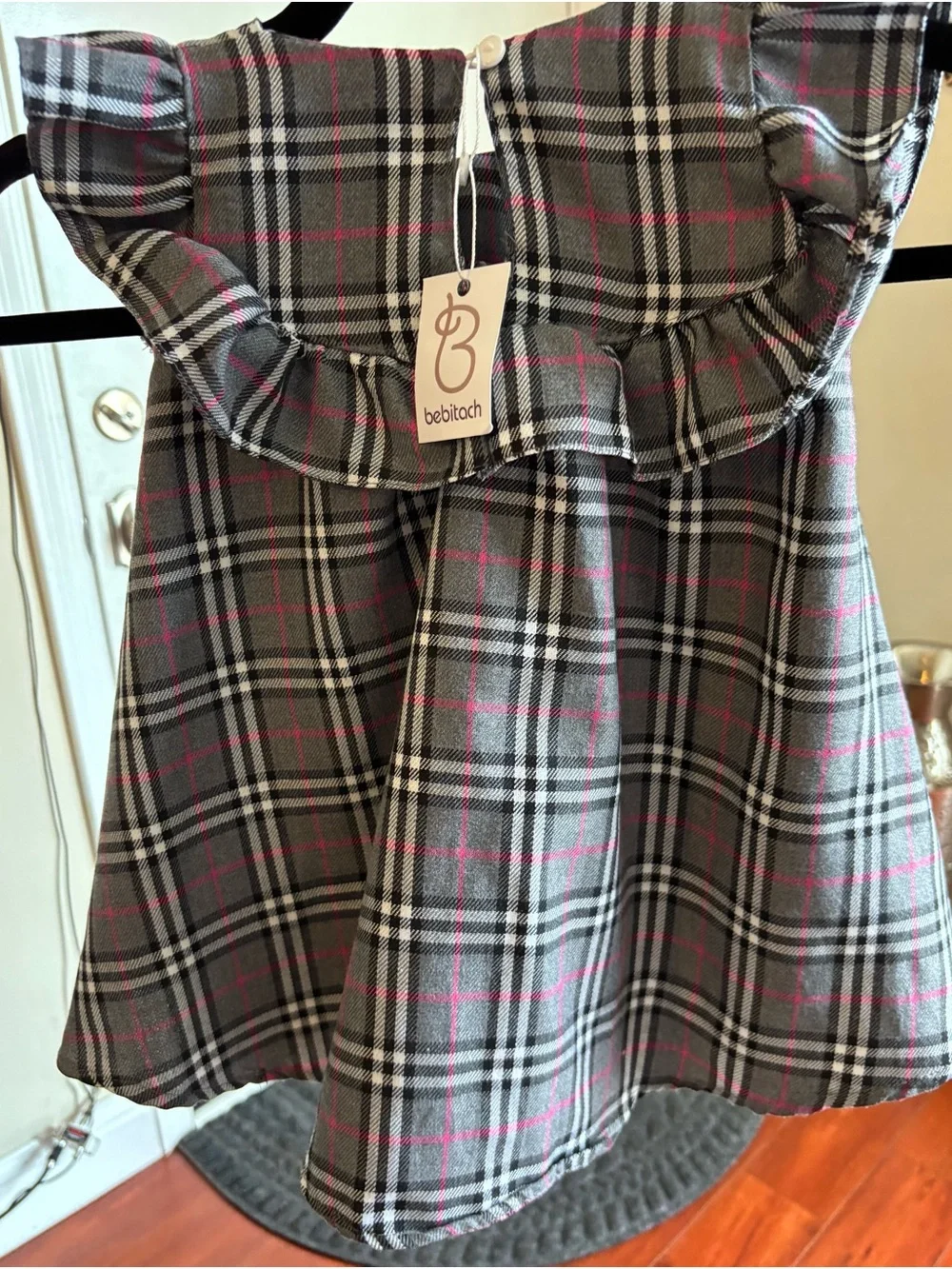 Kid Bebitach Plaid Ruffle Collar Dress - Gray with Pink Accents